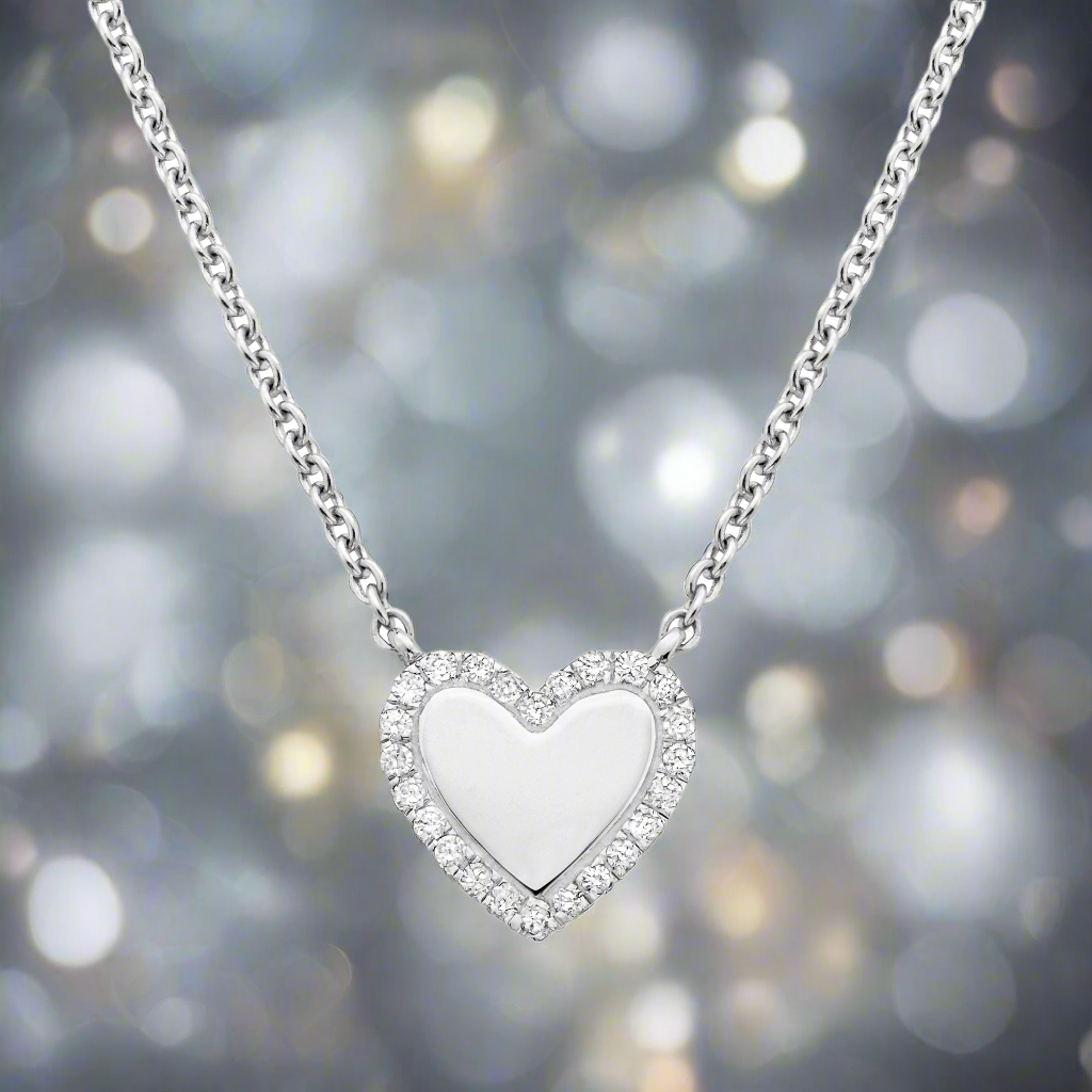 14K White Gold Diamond contour heart necklace