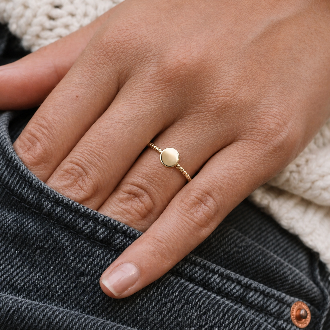 MISS MIMI 14k Yellow Gold Beaded Band Disc ring