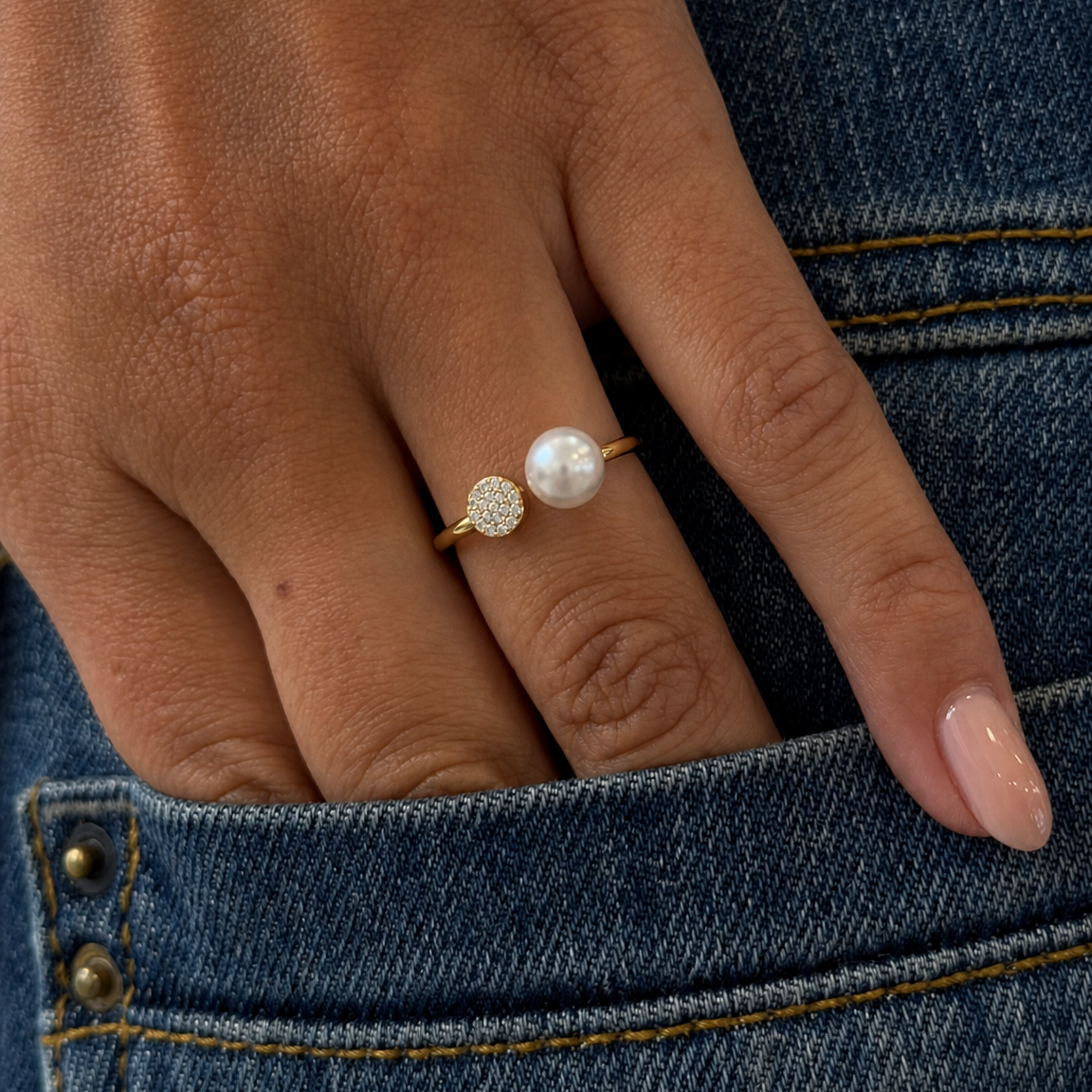 MISS MIMI 14k Yellow Gold Pearl and diamond ring