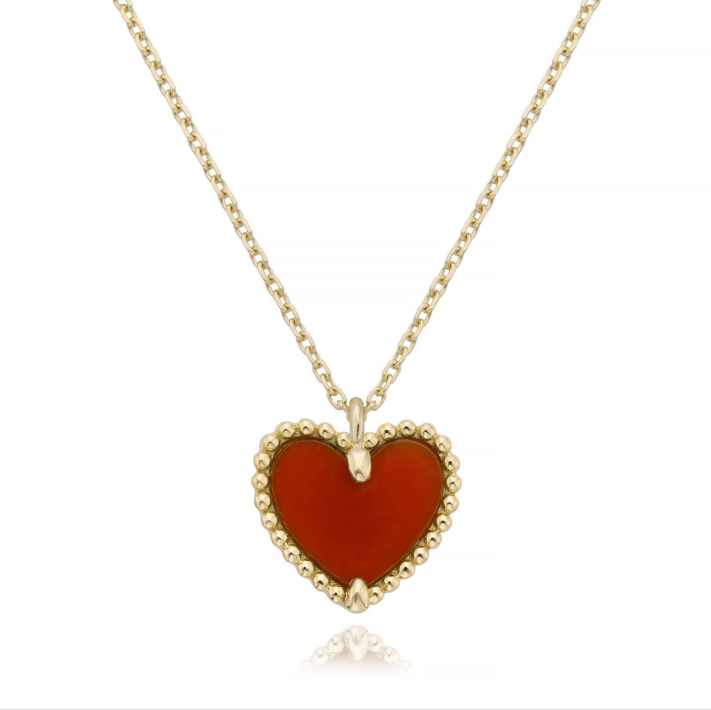 14k Yellow Gold Beaded heart red chalcedony necklace