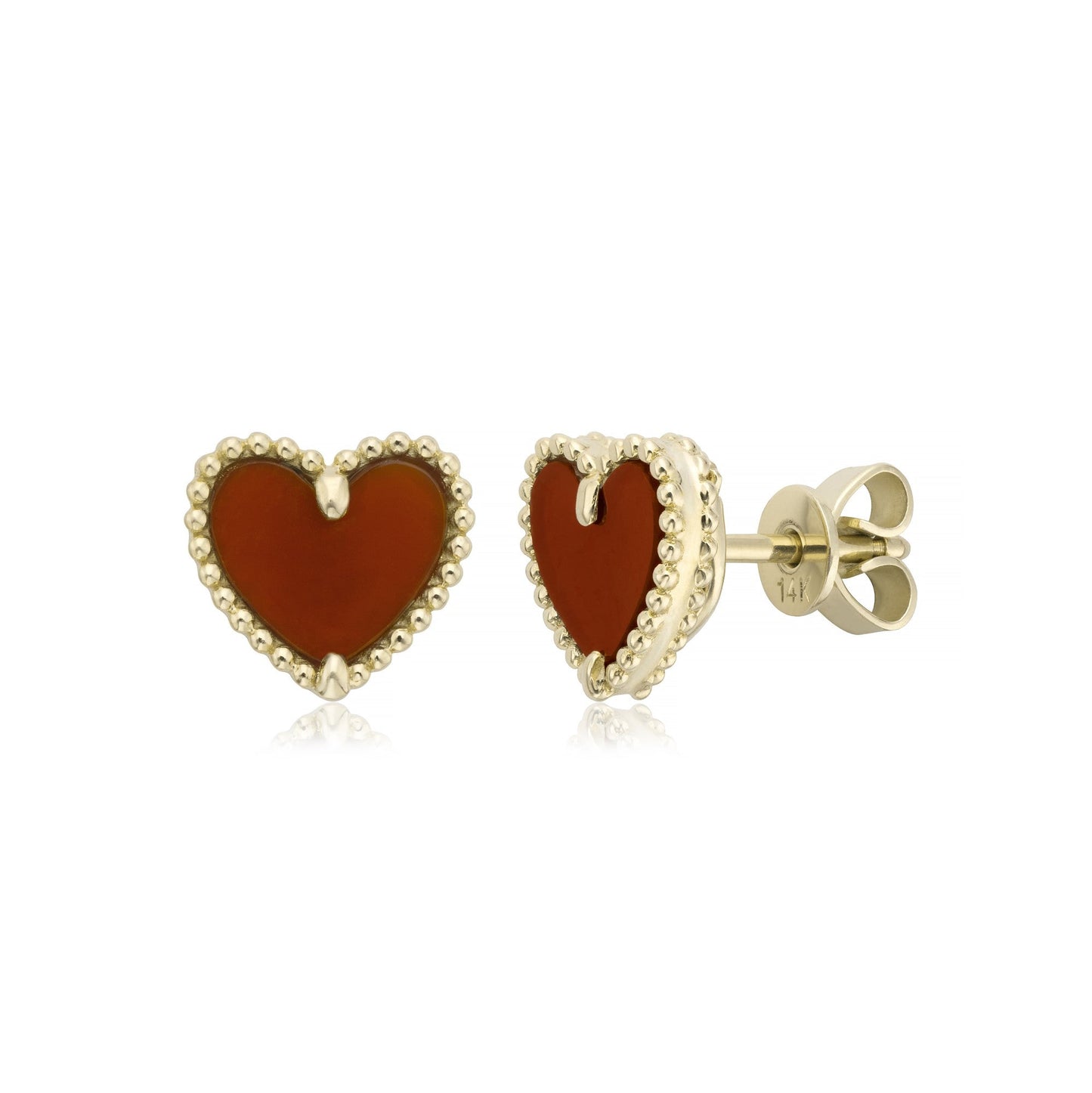 14k Yellow Gold Beaded heart red chalcedony earrings