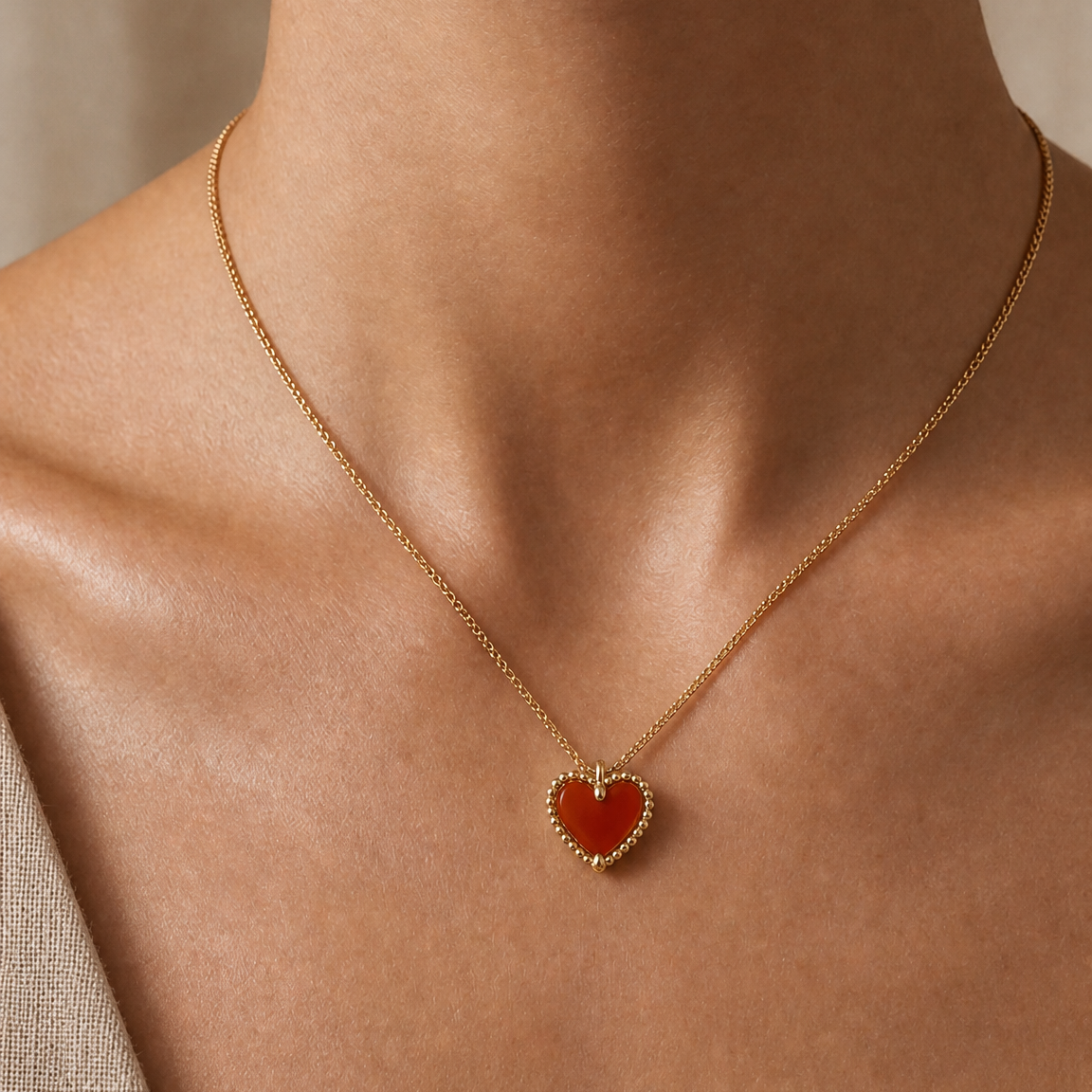 14K Yellow Gold Beaded Red Heart Chalcedony Necklace
