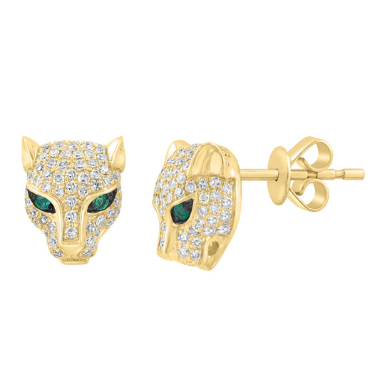 EFFY 14K YELLOW GOLD DIAMOND (0.57 CTW) & NATURAL EMERALD PANTHER EARRINGS