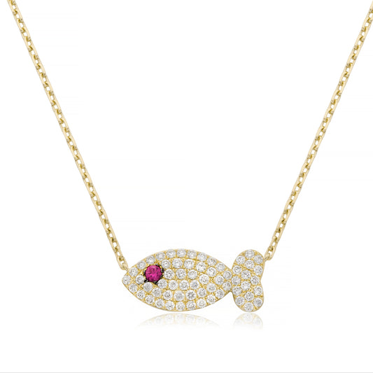14k Yellow Gold Diamond fish necklace
